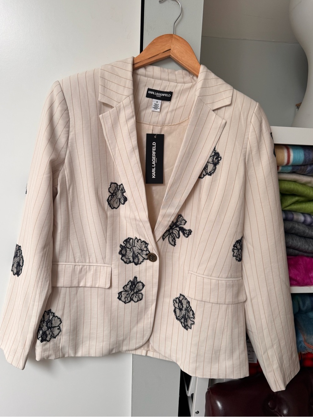 New Karl Lagerfeld Paris Floral Pinstripe Blazer